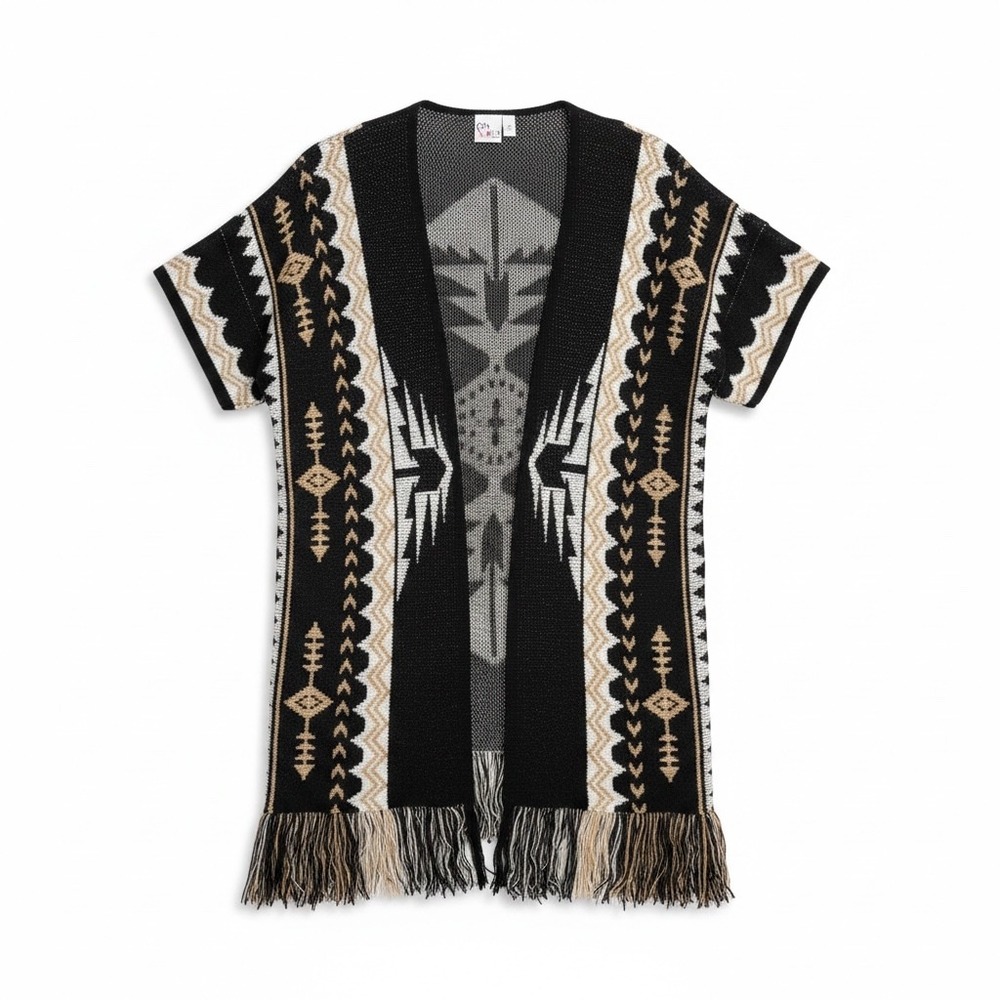 Southwestern Open Front Cardigan Black Tan Medium Fringe Hem Boho Tribal